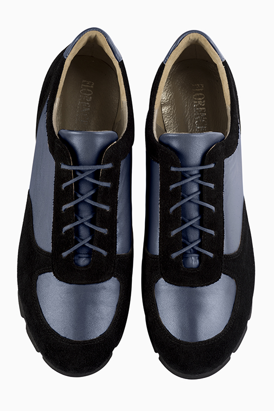 Matt black and prussian blue women's two-tone elegant sneakers. Round toe. Flat rubber soles. Top view - Florence KOOIJMAN